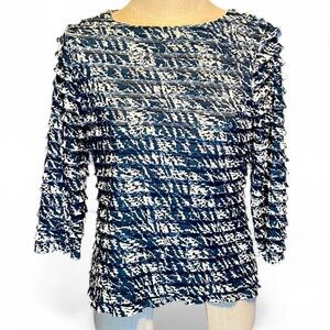 Coldwater Creek Tiered Ruffled Blue & White 3/4 Sleeve Blouse